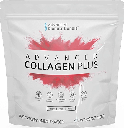 Collagen support supplement bottle with soft neutral botanical accents, representing skin, joint, and healthy aging benefits.