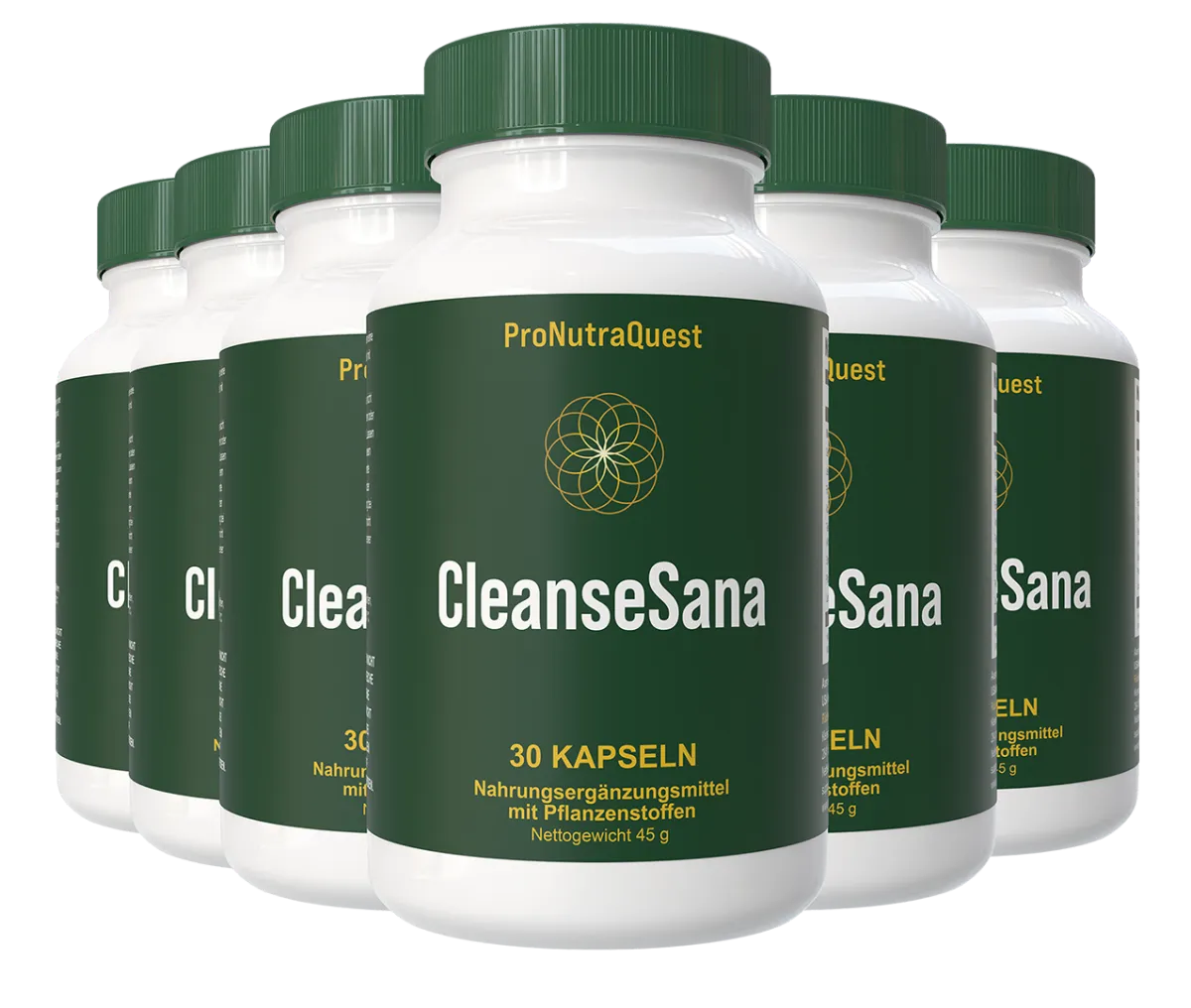 Detox cleanse supplement bottle with fresh green botanical elements on a white background.
