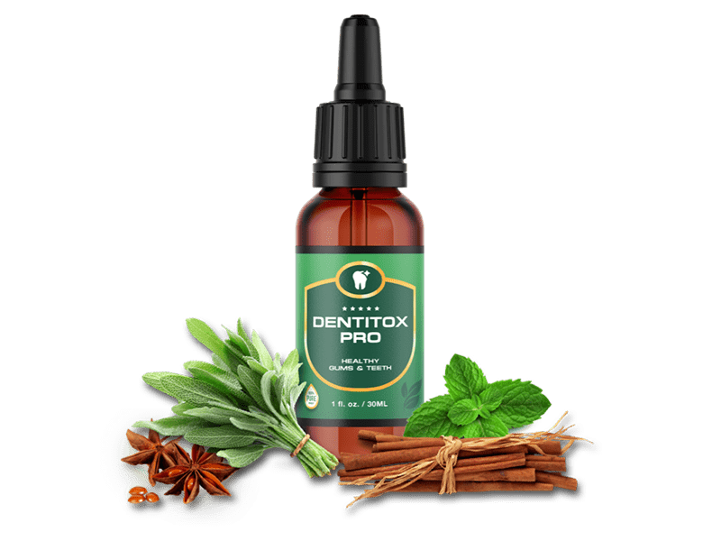 Oral health support bottle with mint leaves and gentle botanical elements.