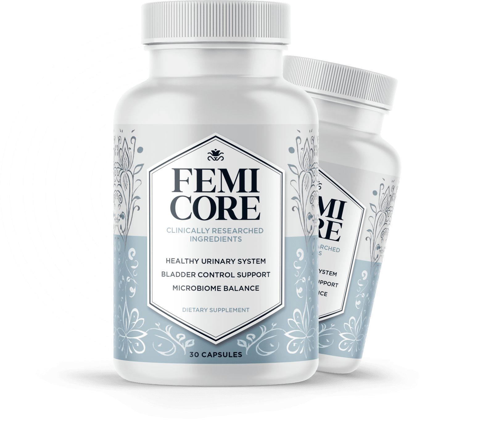 Feminine wellness supplement bottle with soft botanical accents on a clean white background.