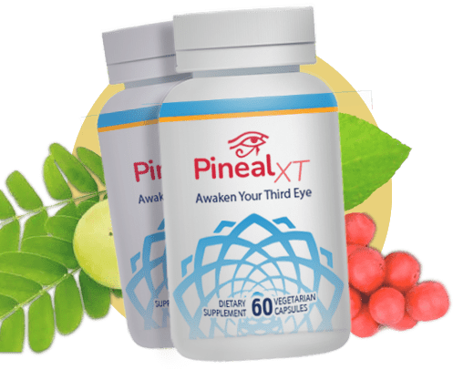 Pineal support supplement bottle with calming natural botanical elements.
